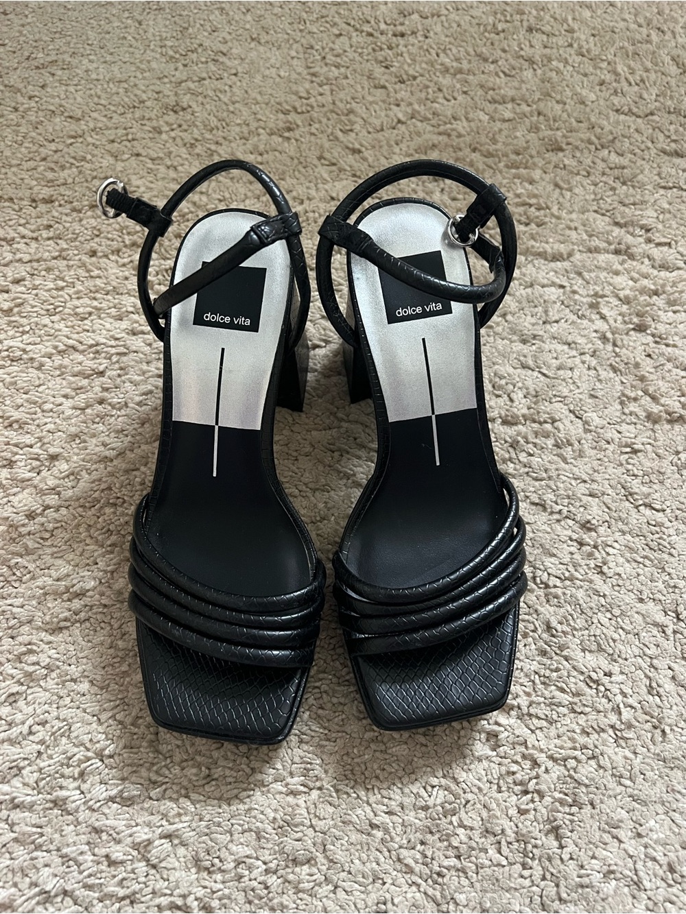 Dolce Vita Black Textured Square Toe Strappy Heels